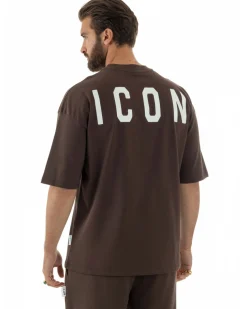 T-shirt uomo mezzo collo stampa basic oversize gola alta marrone ICON IUT008