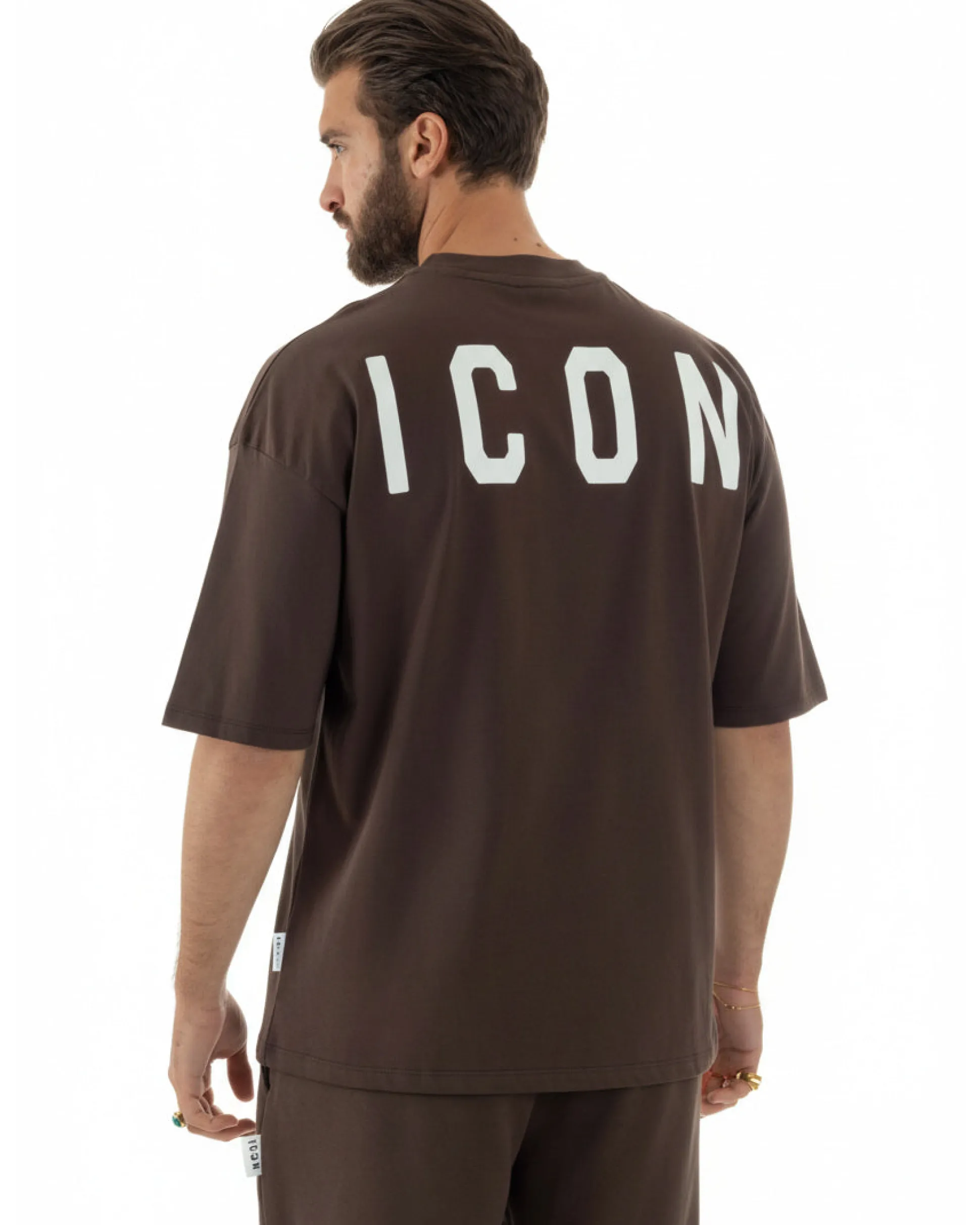 T-shirt uomo mezzo collo stampa basic oversize gola alta marrone ICON IUT008