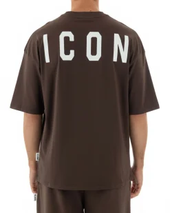 T-shirt uomo mezzo collo stampa basic oversize gola alta marrone ICON IUT008