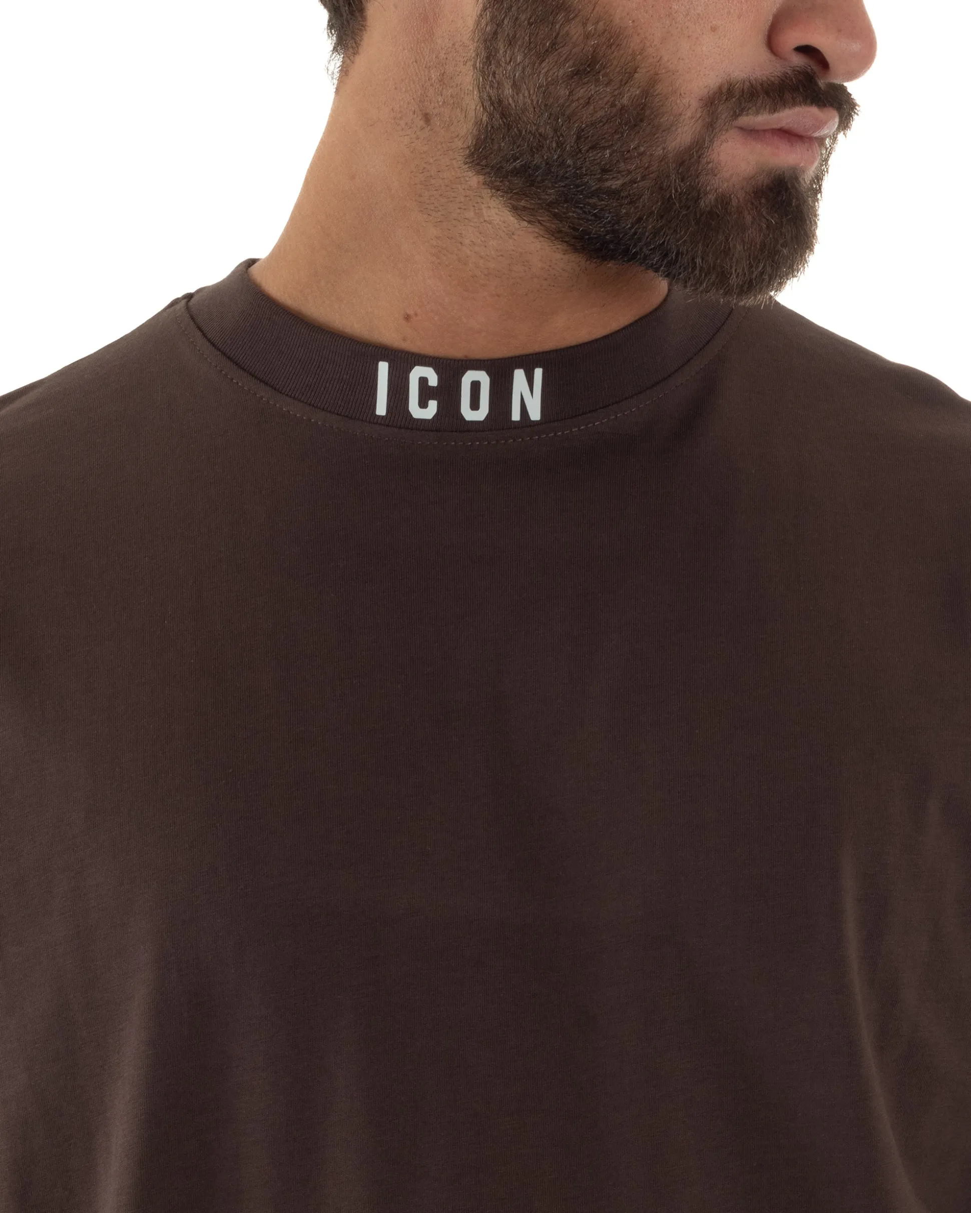 T-shirt uomo mezzo collo stampa basic oversize gola alta marrone ICON IUT008