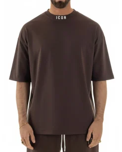 T-shirt uomo mezzo collo stampa basic oversize gola alta marrone ICON IUT008