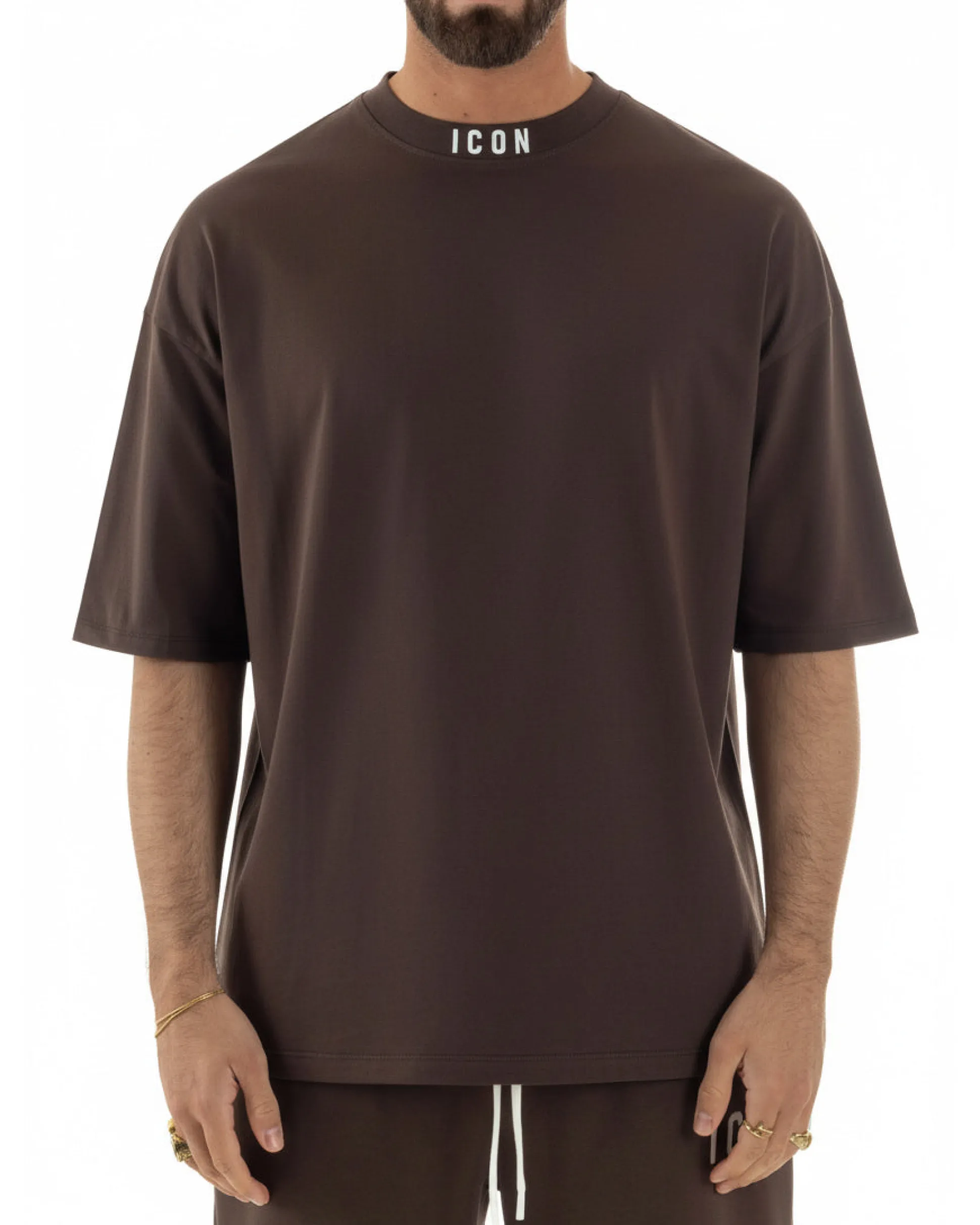 T-shirt uomo mezzo collo stampa basic oversize gola alta marrone ICON IUT008