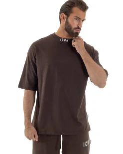 T-shirt uomo mezzo collo stampa basic oversize gola alta marrone ICON IUT008