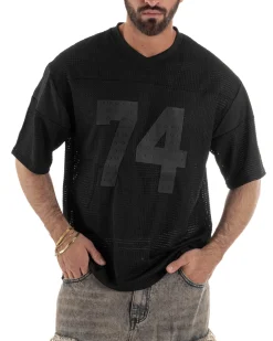 T-shirt uomo oversize football jersey scollo v traforata nero GIOSAL-TS3259A
