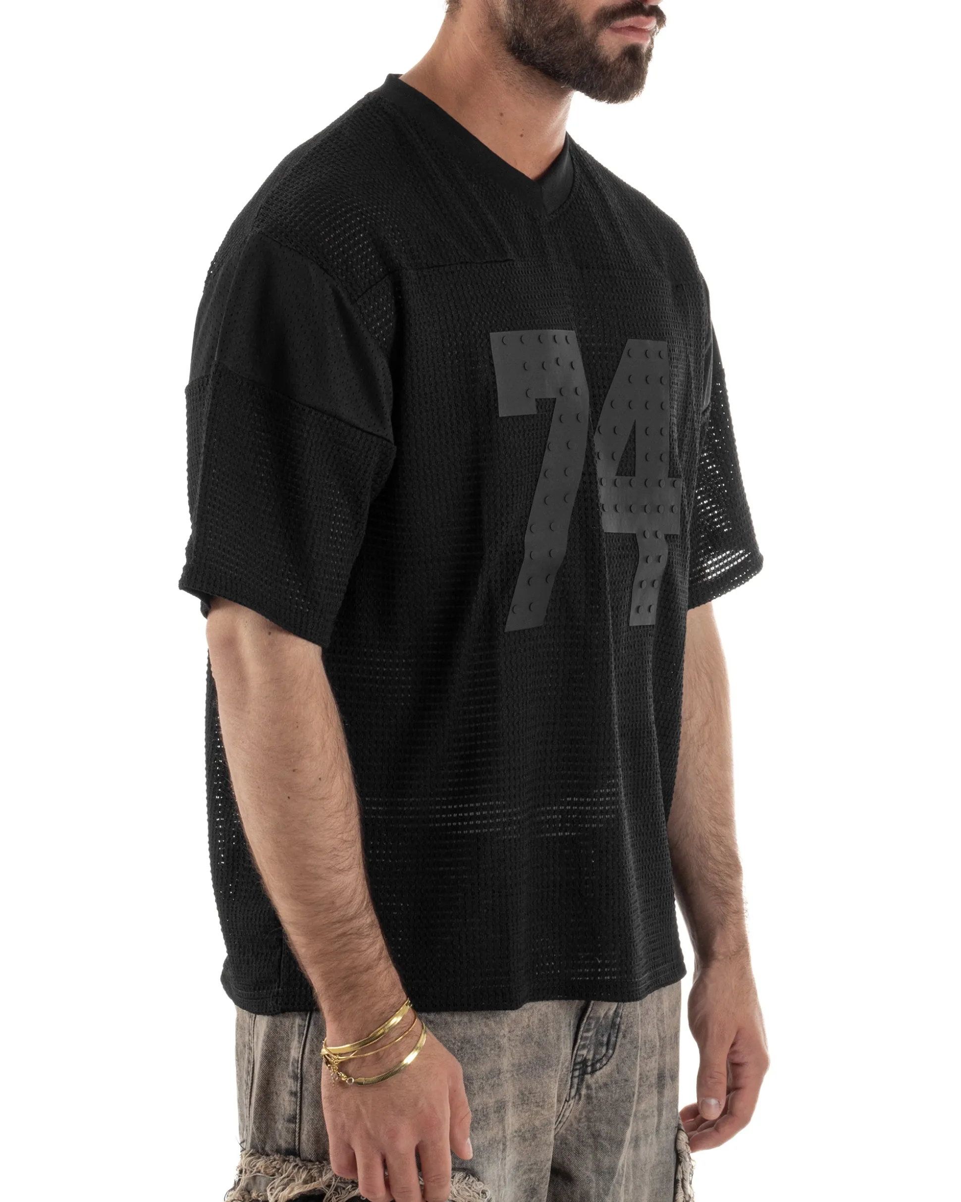 T-shirt uomo oversize football jersey scollo v traforata nero GIOSAL-TS3259A
