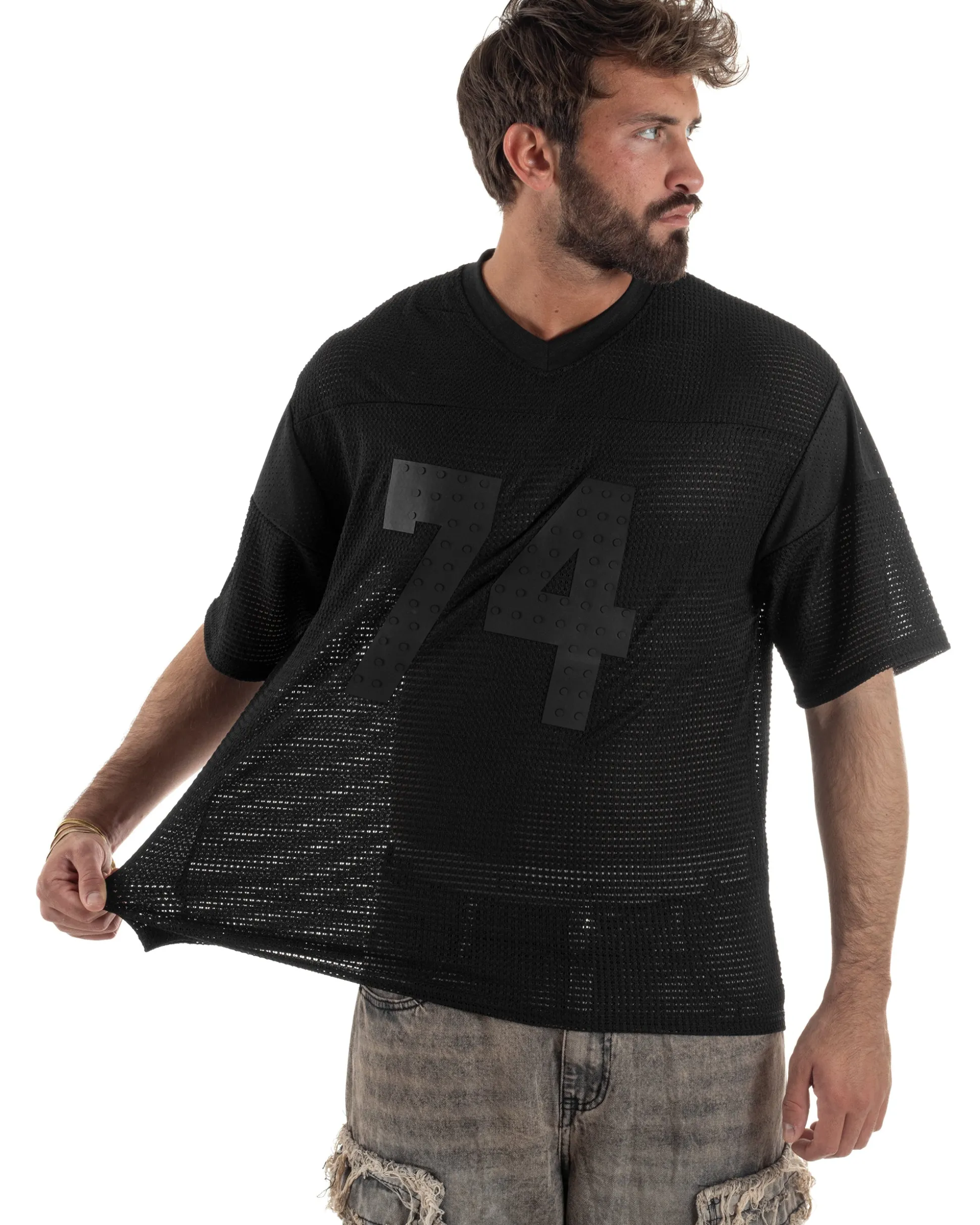 T-shirt uomo oversize football jersey scollo v traforata nero GIOSAL-TS3259A
