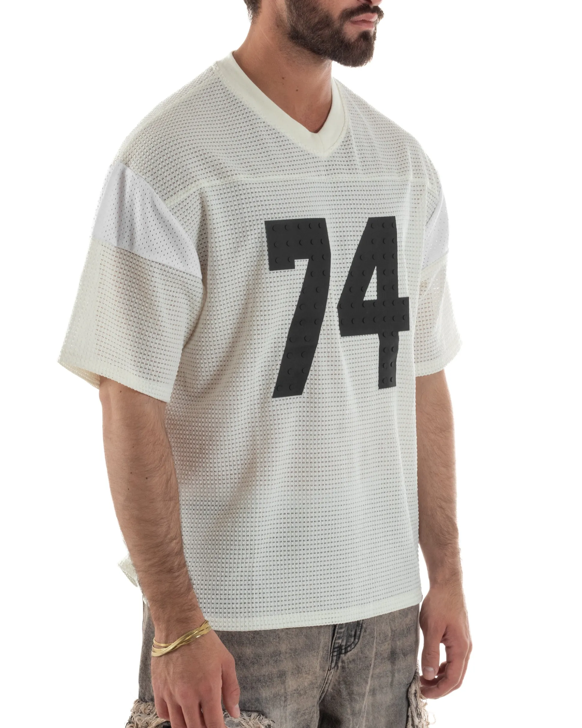 T-shirt uomo oversize football jersey scollo v traforata panna GIOSAL-TS3258A