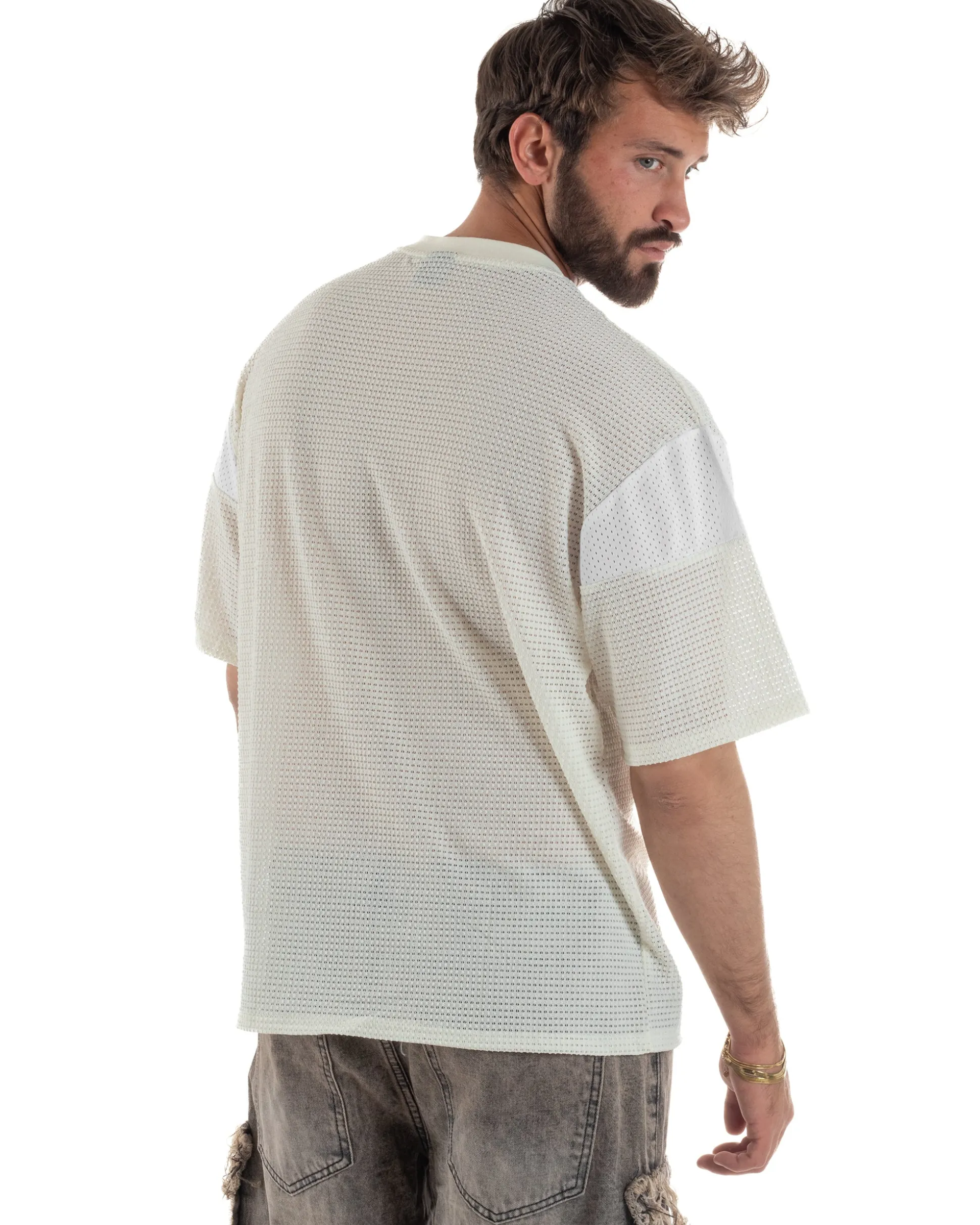 T-shirt uomo oversize football jersey scollo v traforata panna GIOSAL-TS3258A
