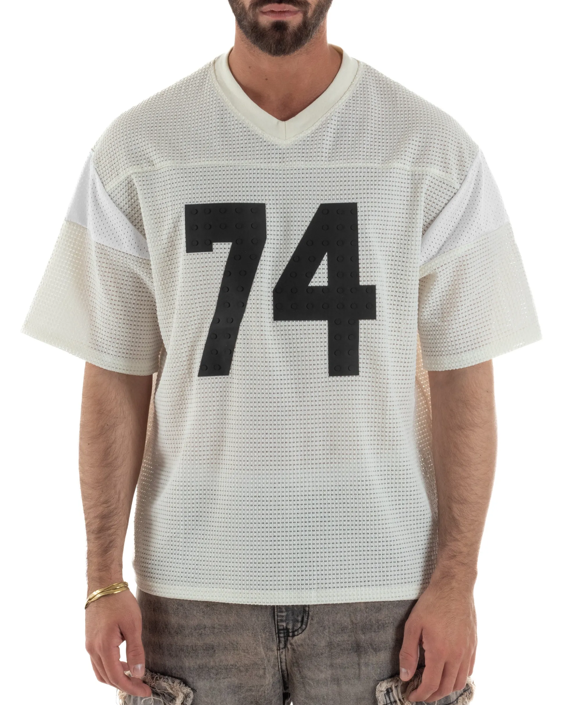 T-shirt uomo oversize football jersey scollo v traforata panna GIOSAL-TS3258A