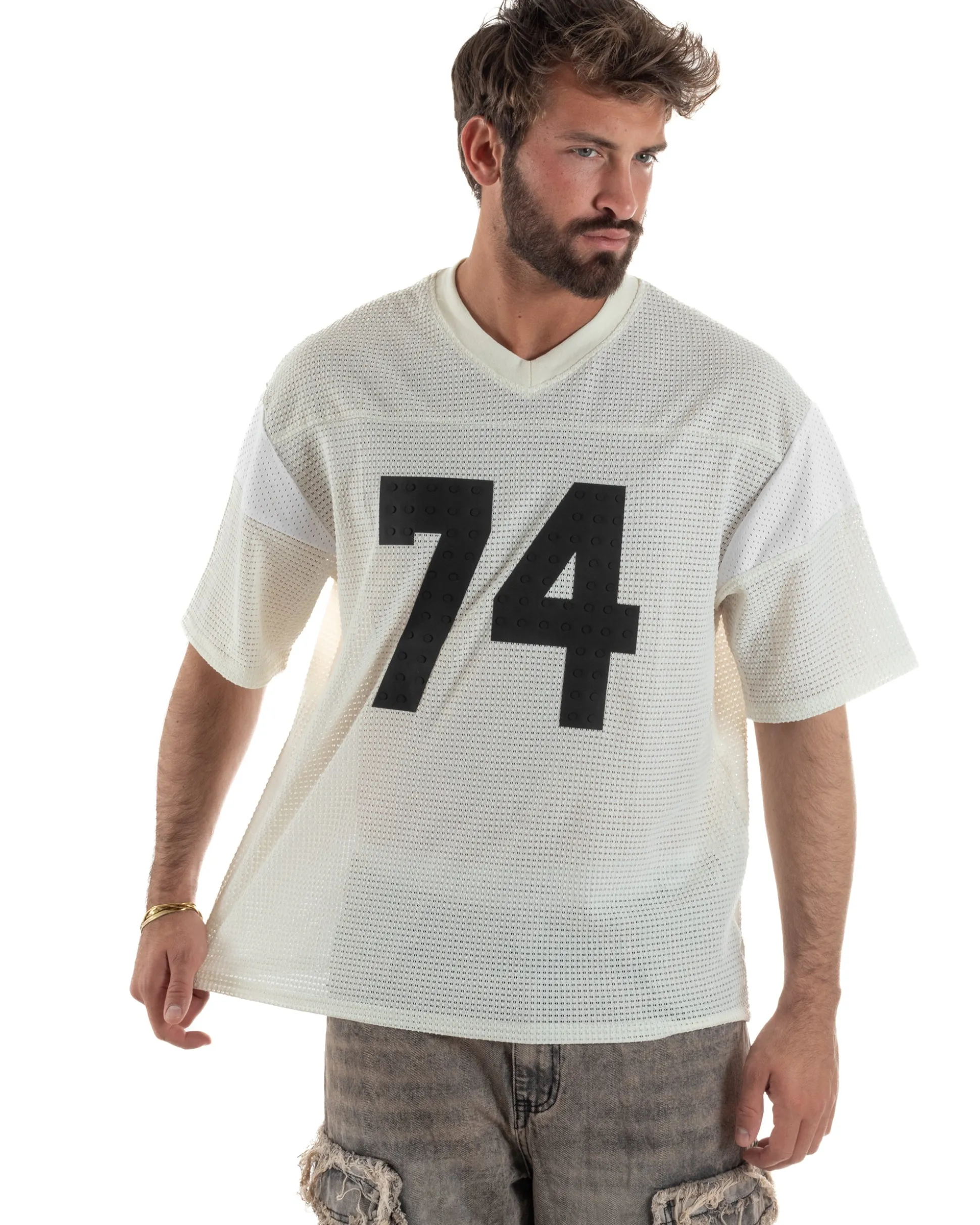 T-shirt uomo oversize football jersey scollo v traforata panna GIOSAL-TS3258A