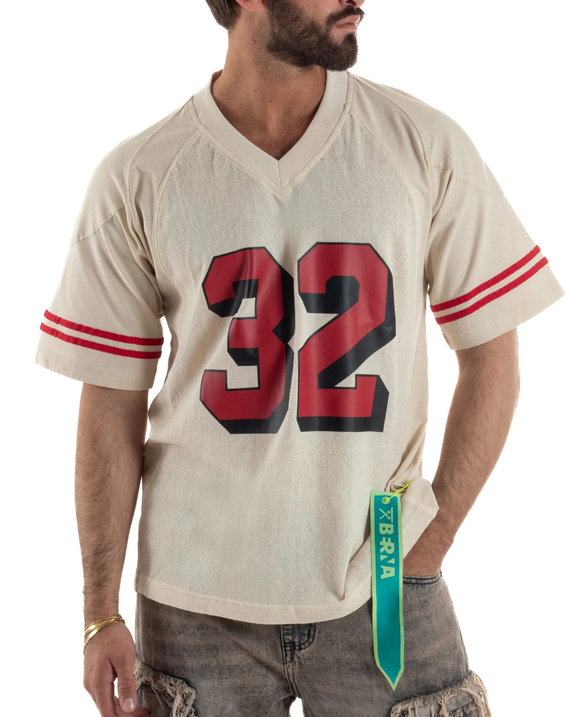 T-shirt uomo vintage football jersey scollo v traforata panna BERNA M-261248