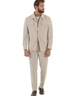 Vestito uomo viscosa completo giacca camicia sahariana pantaloni beige GIOSAL-AE1243A