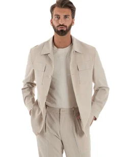 Vestito uomo viscosa completo giacca camicia sahariana pantaloni beige GIOSAL-AE1243A