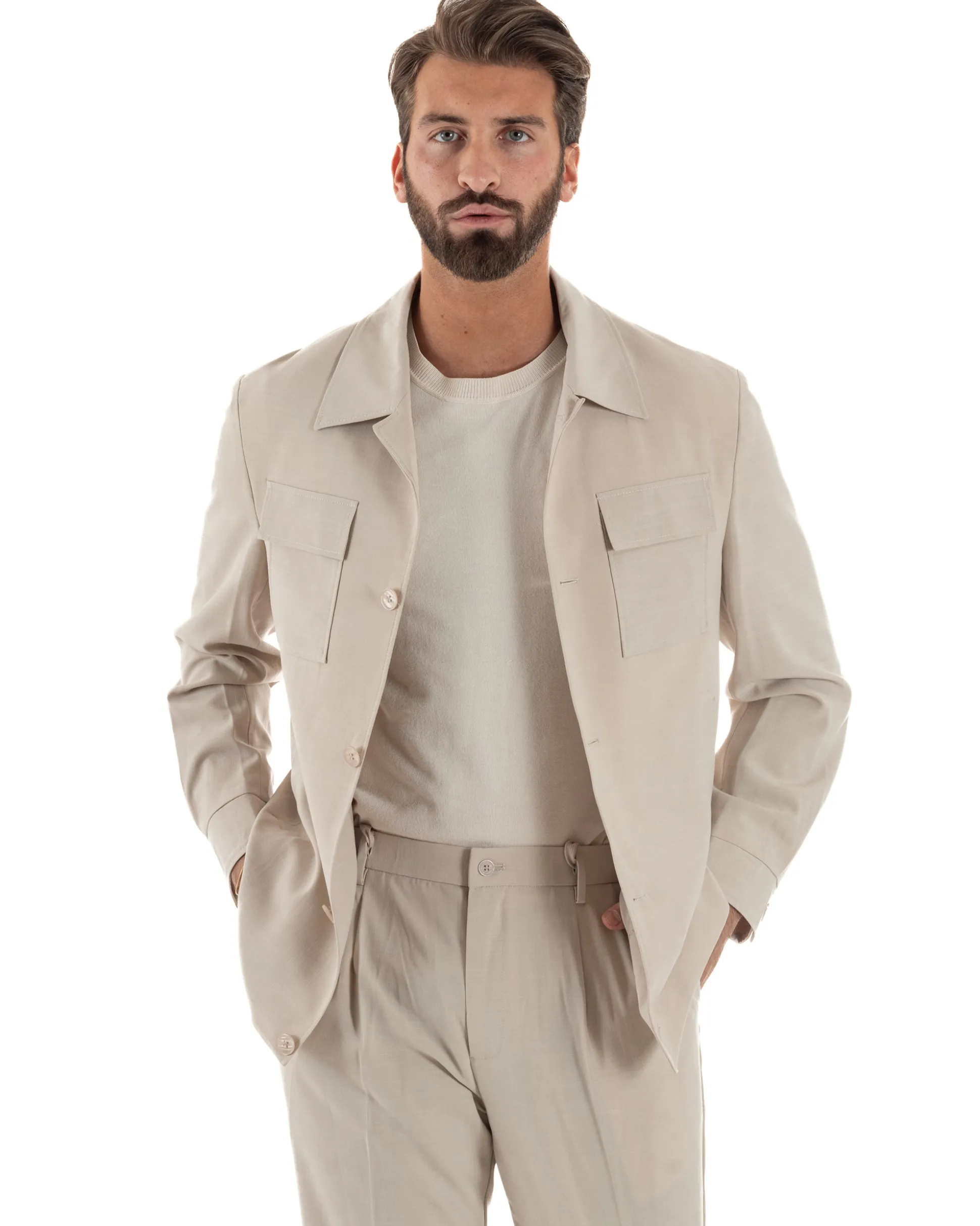 Vestito uomo viscosa completo giacca camicia sahariana pantaloni beige GIOSAL-AE1243A