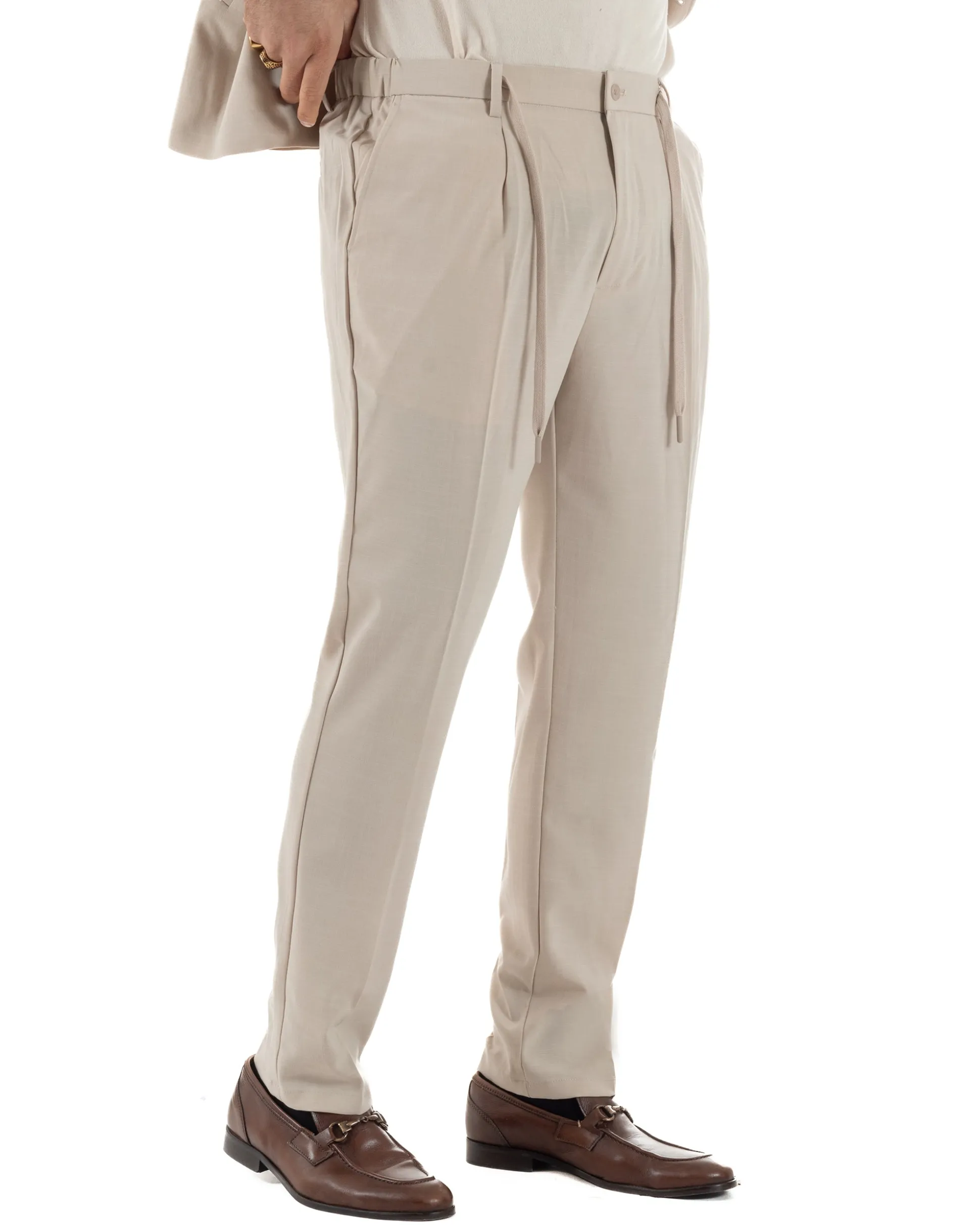 Vestito uomo viscosa completo giacca camicia sahariana pantaloni beige GIOSAL-AE1243A