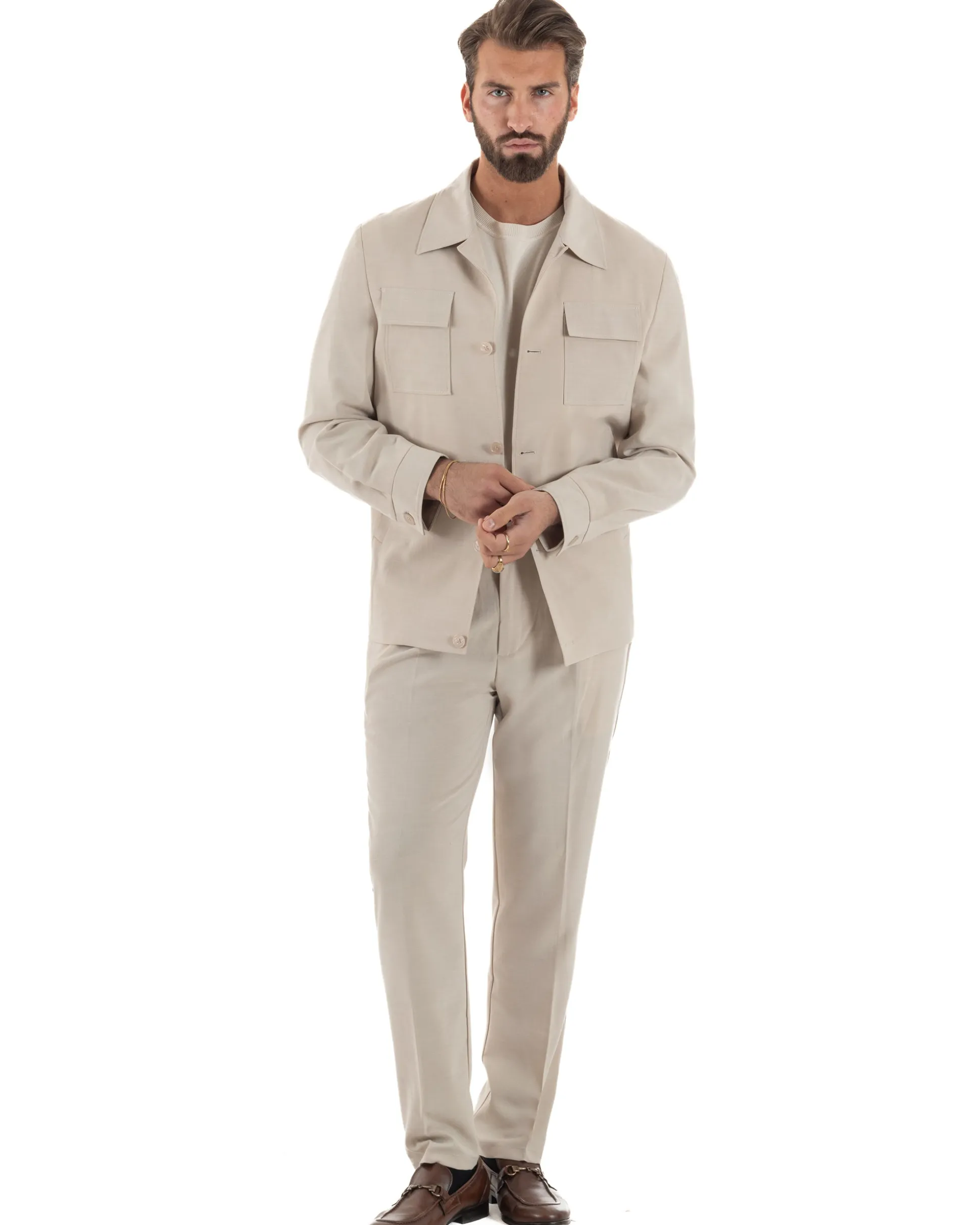 Vestito uomo viscosa completo giacca camicia sahariana pantaloni beige GIOSAL-AE1243A