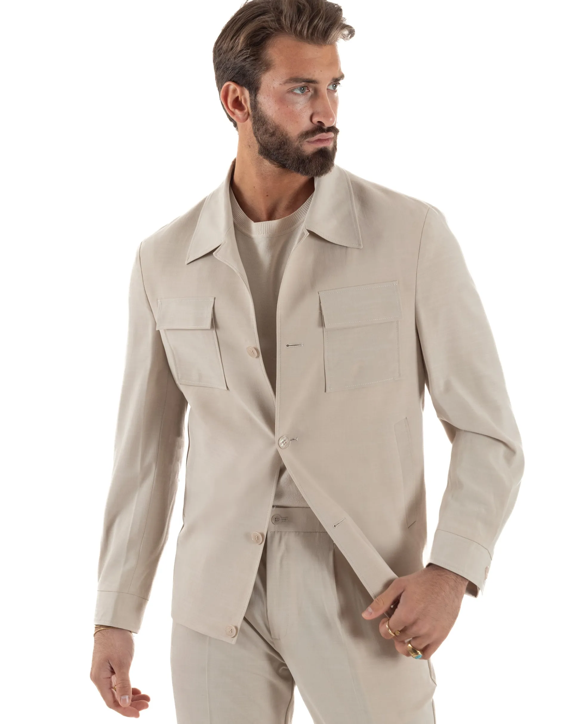 Vestito uomo viscosa completo giacca camicia sahariana pantaloni beige GIOSAL-AE1243A