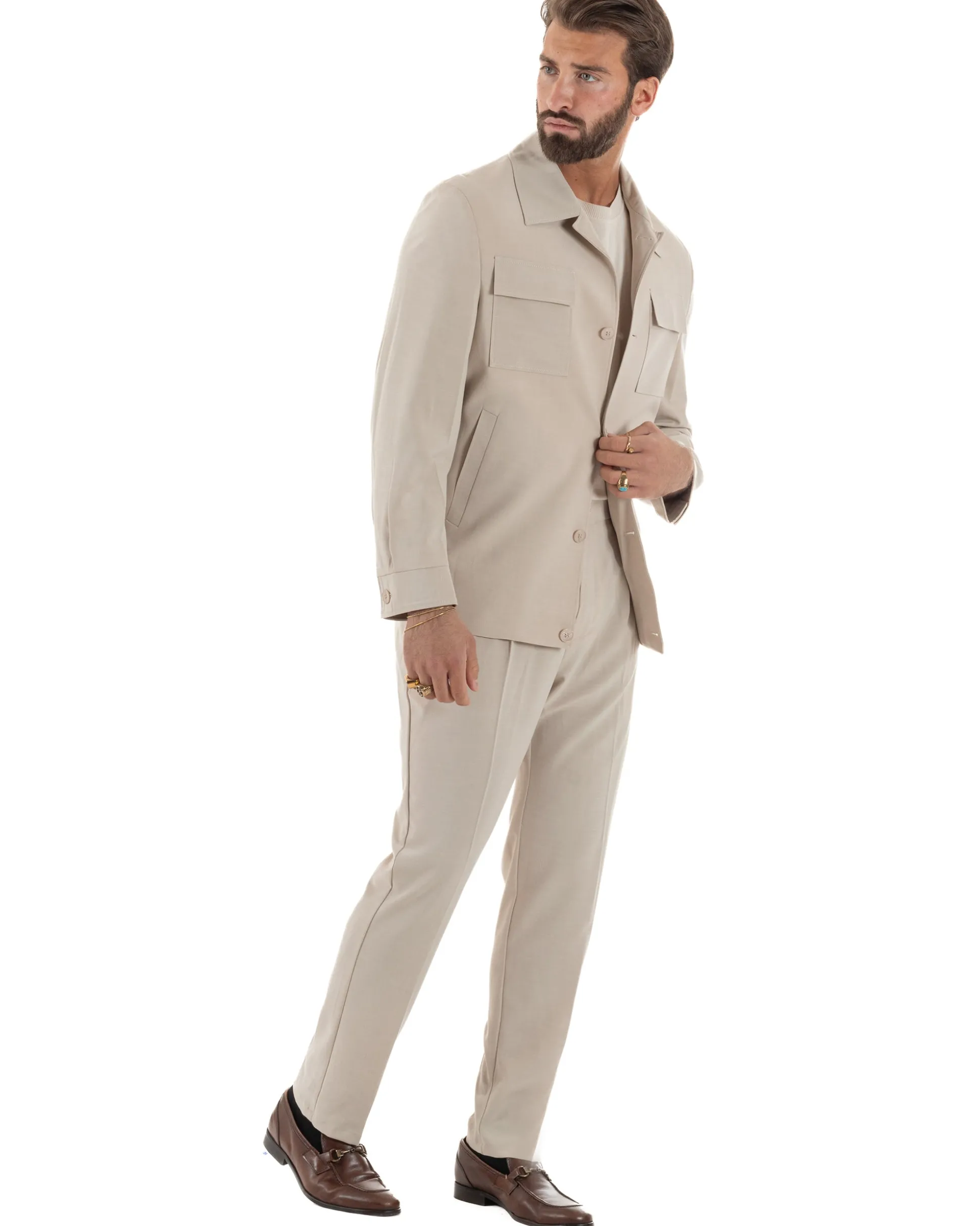 Vestito uomo viscosa completo giacca camicia sahariana pantaloni beige GIOSAL-AE1243A