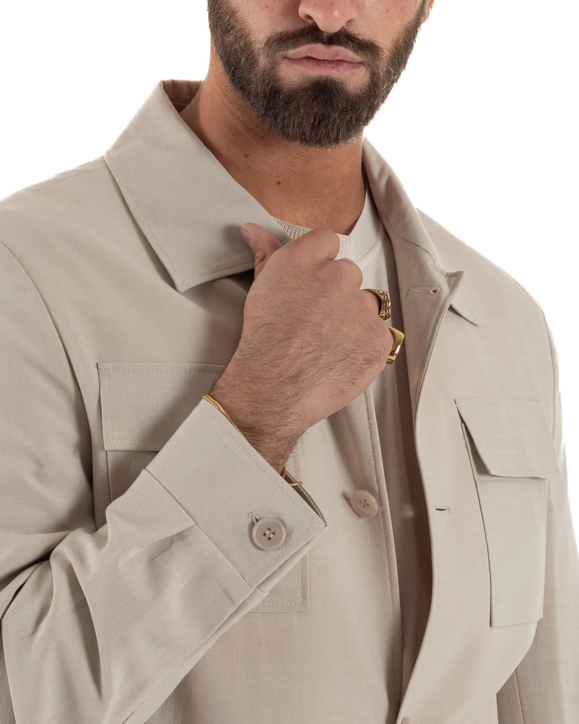Vestito uomo viscosa completo giacca camicia sahariana pantaloni beige GIOSAL-AE1243A