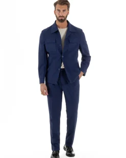 Vestito uomo viscosa completo giacca camicia sahariana pantaloni blu GIOSAL-AE1242A