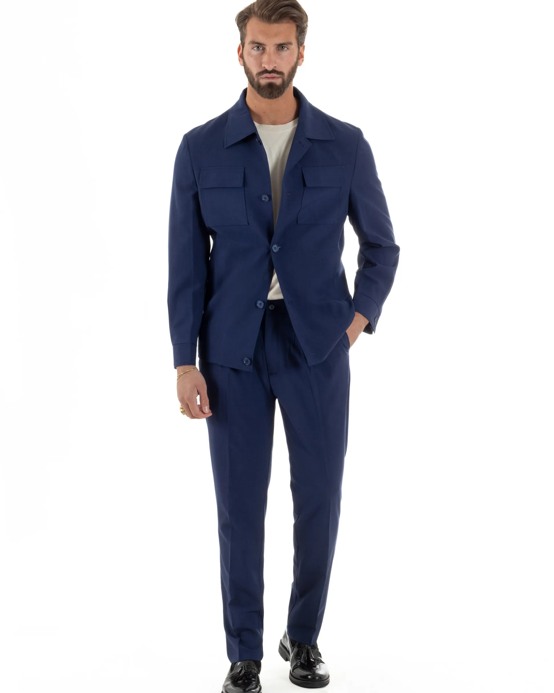 Vestito uomo viscosa completo giacca camicia sahariana pantaloni blu GIOSAL-AE1242A