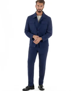Vestito uomo viscosa completo giacca camicia sahariana pantaloni blu GIOSAL-AE1242A