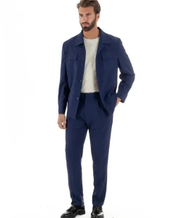 Vestito uomo viscosa completo giacca camicia sahariana pantaloni blu GIOSAL-AE1242A