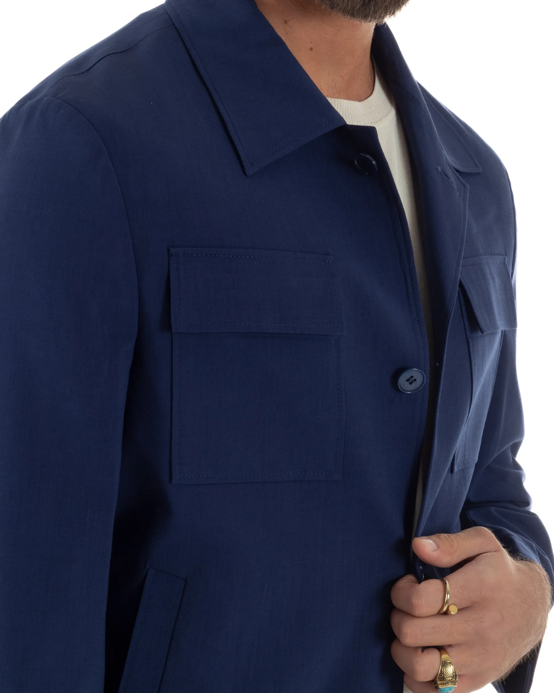 Vestito uomo viscosa completo giacca camicia sahariana pantaloni blu GIOSAL-AE1242A